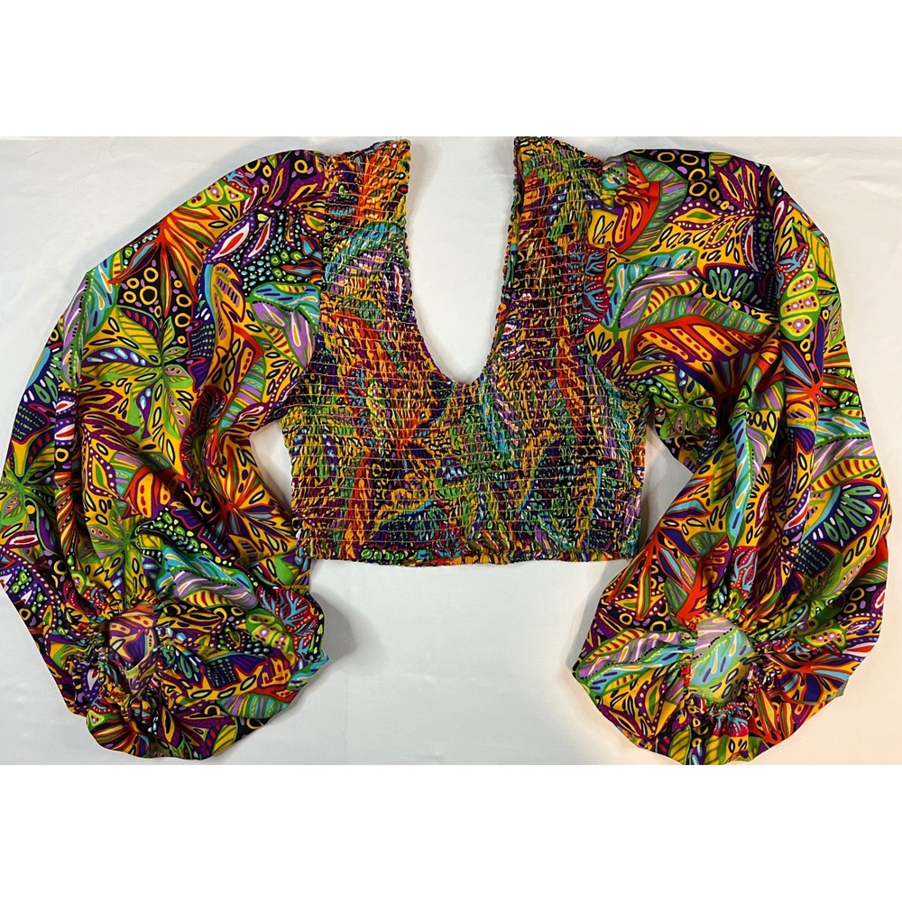 Live 4 Truth Smocked Crop Top Multi Color Psychedelic Balloon Sleeve Small